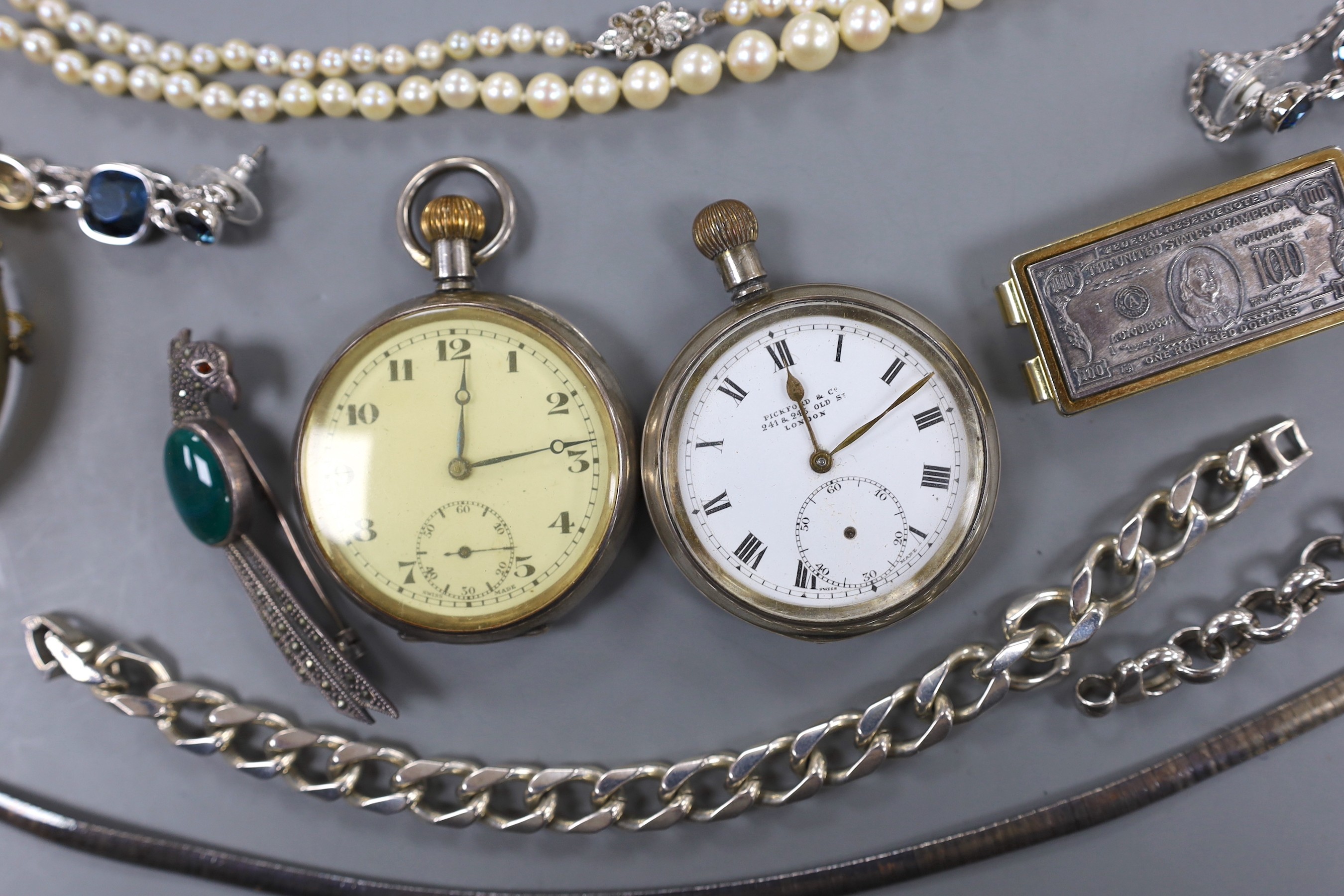 Two silver open faced pocket watches and a group of minor jewellery including bracelets, pendant, bangle, cultured pearl necklace etc.